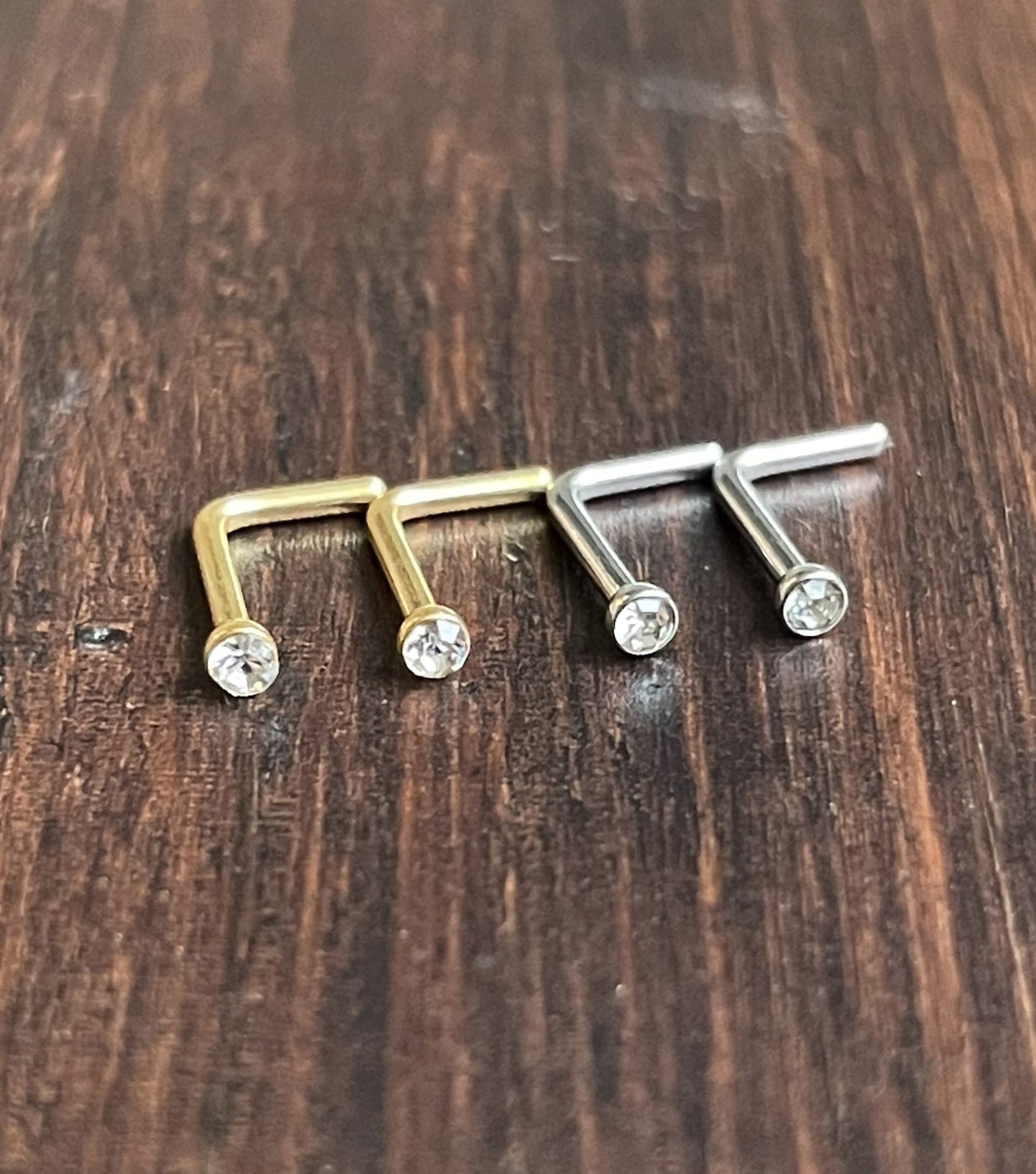 18G or 20G Pair L Shape Nose Rings Clear CZ Bezel Set Stone Gold Tone Titanium Anodized 1.5,2,2.5,3mm Stainless Steel Ring Stud