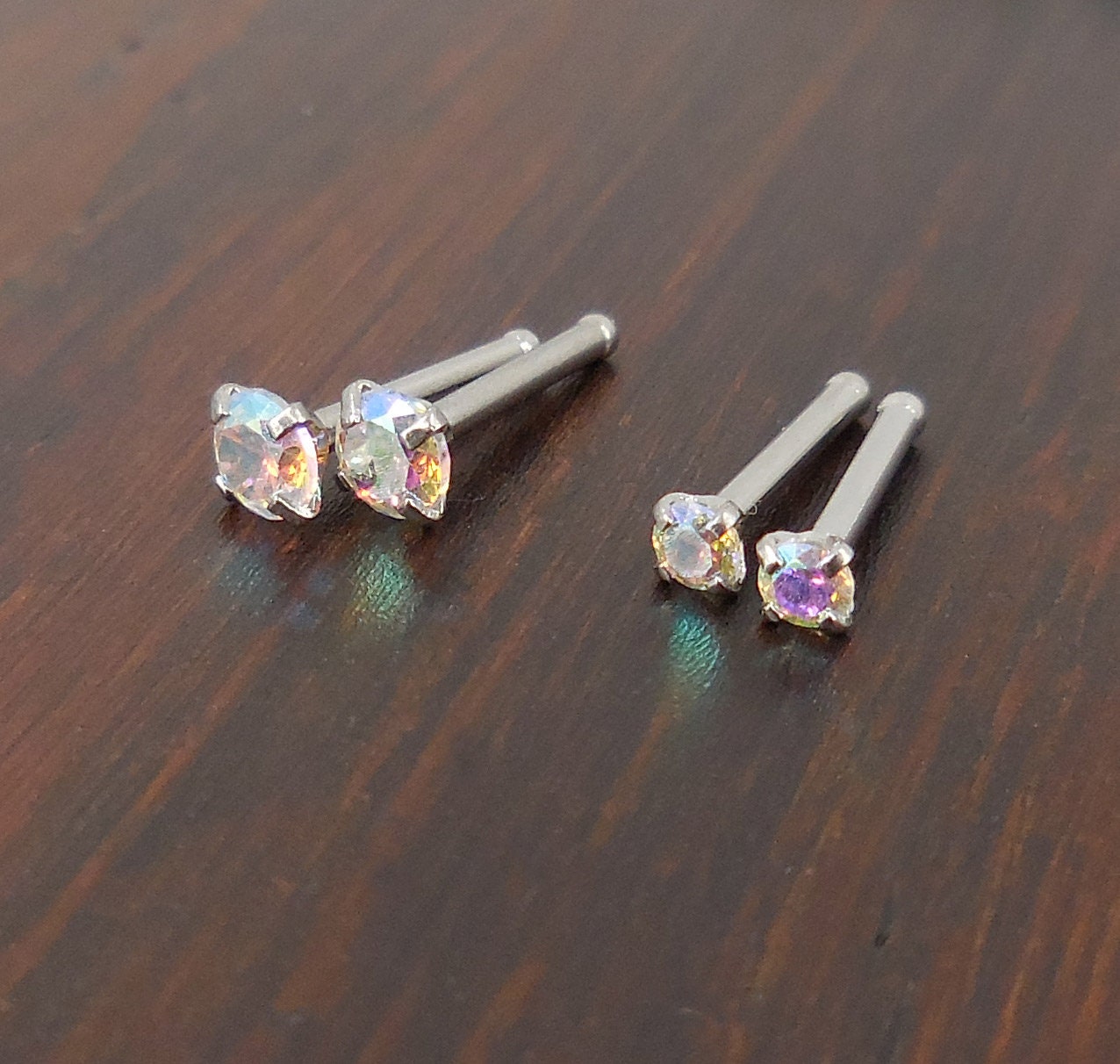 Pair 2mm or 3mm Prong Set 20G 18G Nose Stud Bones Rings Stainless Steel Rainbow Prism AB Crystal CZ 20G 18G