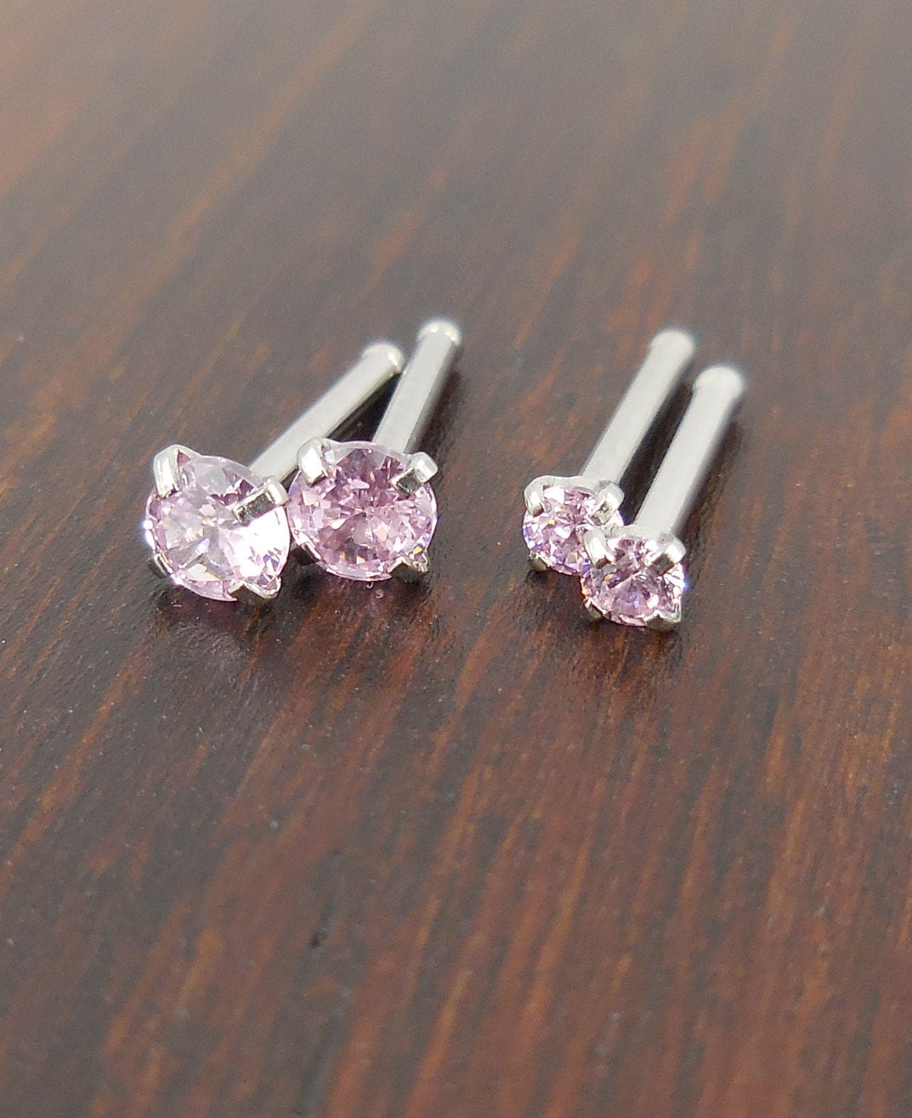 Pair 2mm or 3mm Prong Set 20G 18G Nose Stud Bones Rings Stainless Steel Rainbow Prism AB Crystal CZ 20G 18G