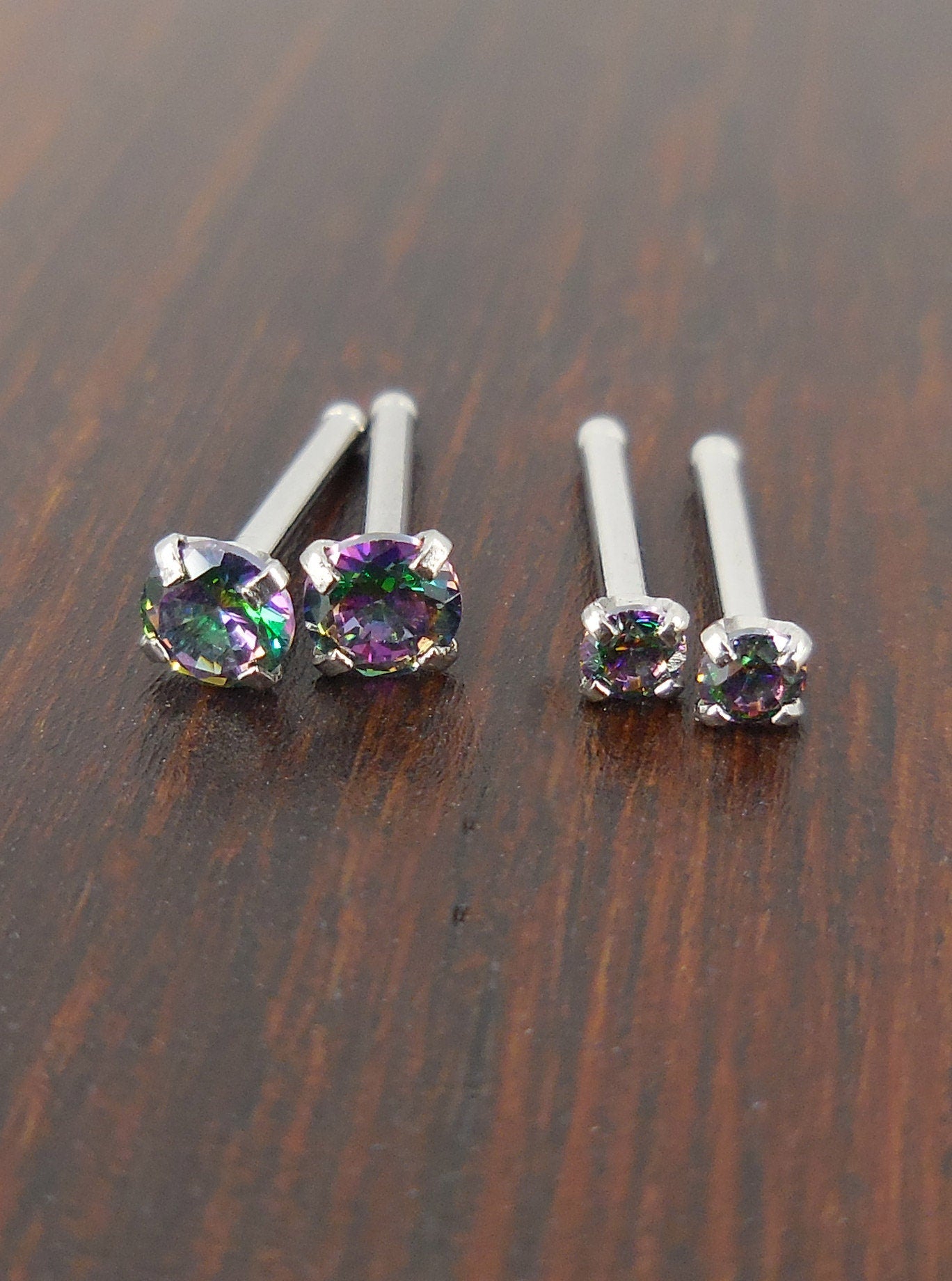 Pair 2mm or 3mm Prong Set 20G 18G Nose Stud Bones Rings Stainless Steel Rainbow Prism AB Crystal CZ 20G 18G