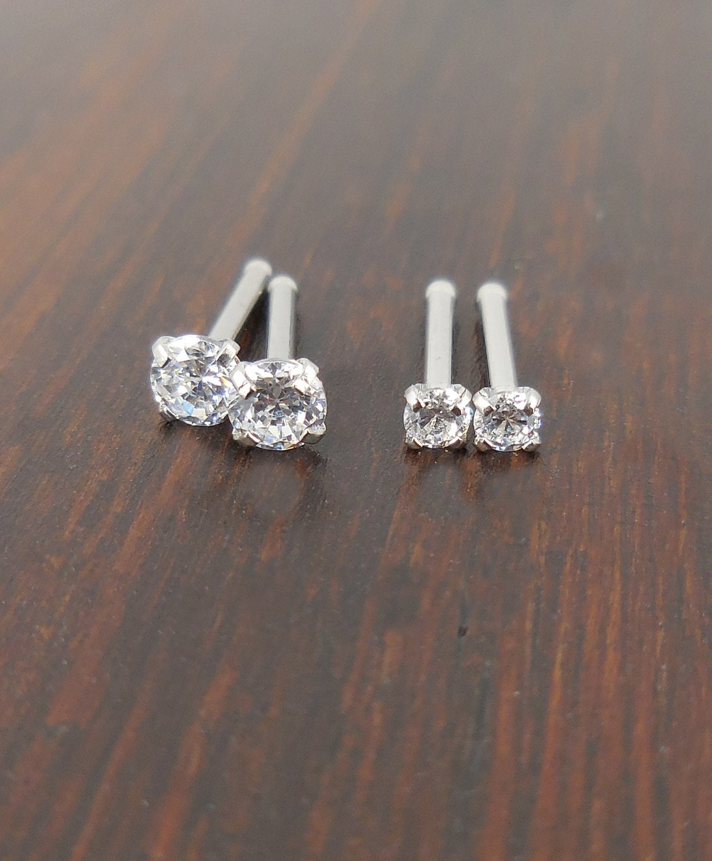 Pair 2mm or 3mm Prong Set 20G 18G Nose Stud Bones Rings Stainless Steel Rainbow Prism AB Crystal CZ 20G 18G