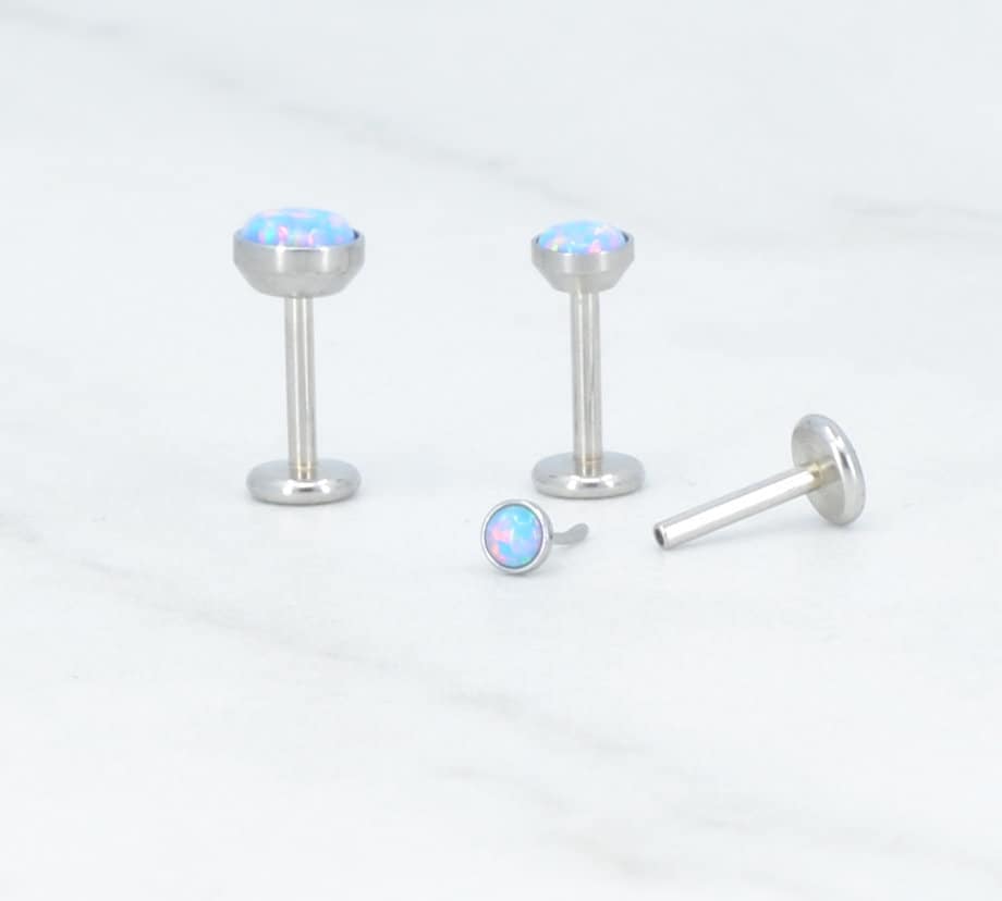 NEW 18G Threadless Flat Back Earrings Small Blue Opal Gem 16G/20G Push Pin Nose Ring Cartilage Piercing Gold Tone Labret Stud Helix 2-4mm