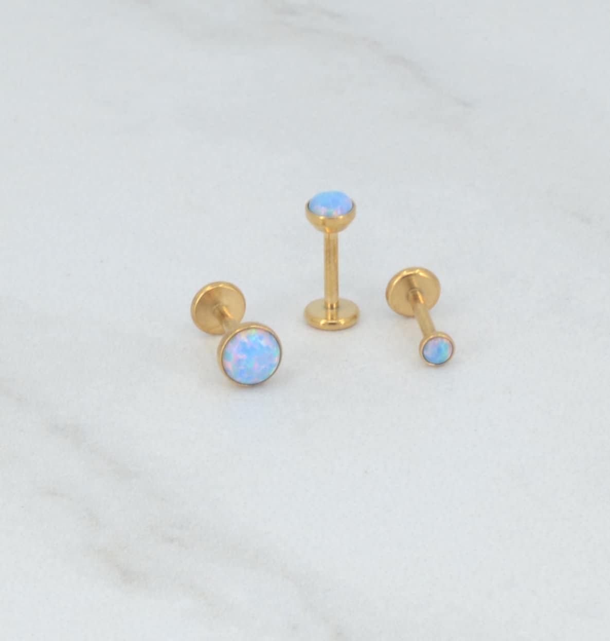 NEW 18G Threadless Flat Back Earrings Small Blue Opal Gem 16G/20G Push Pin Nose Ring Cartilage Piercing Gold Tone Labret Stud Helix 2-4mm