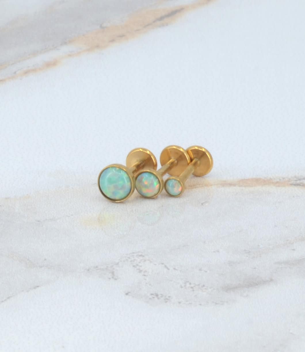 Flat Back Earrings Threadless Dainty Aqua Opal Gem 16G/18G/20G Push Pin Nose Ring Cartilage Piercing Gold Tone Labret Stud Helix 2-4mm