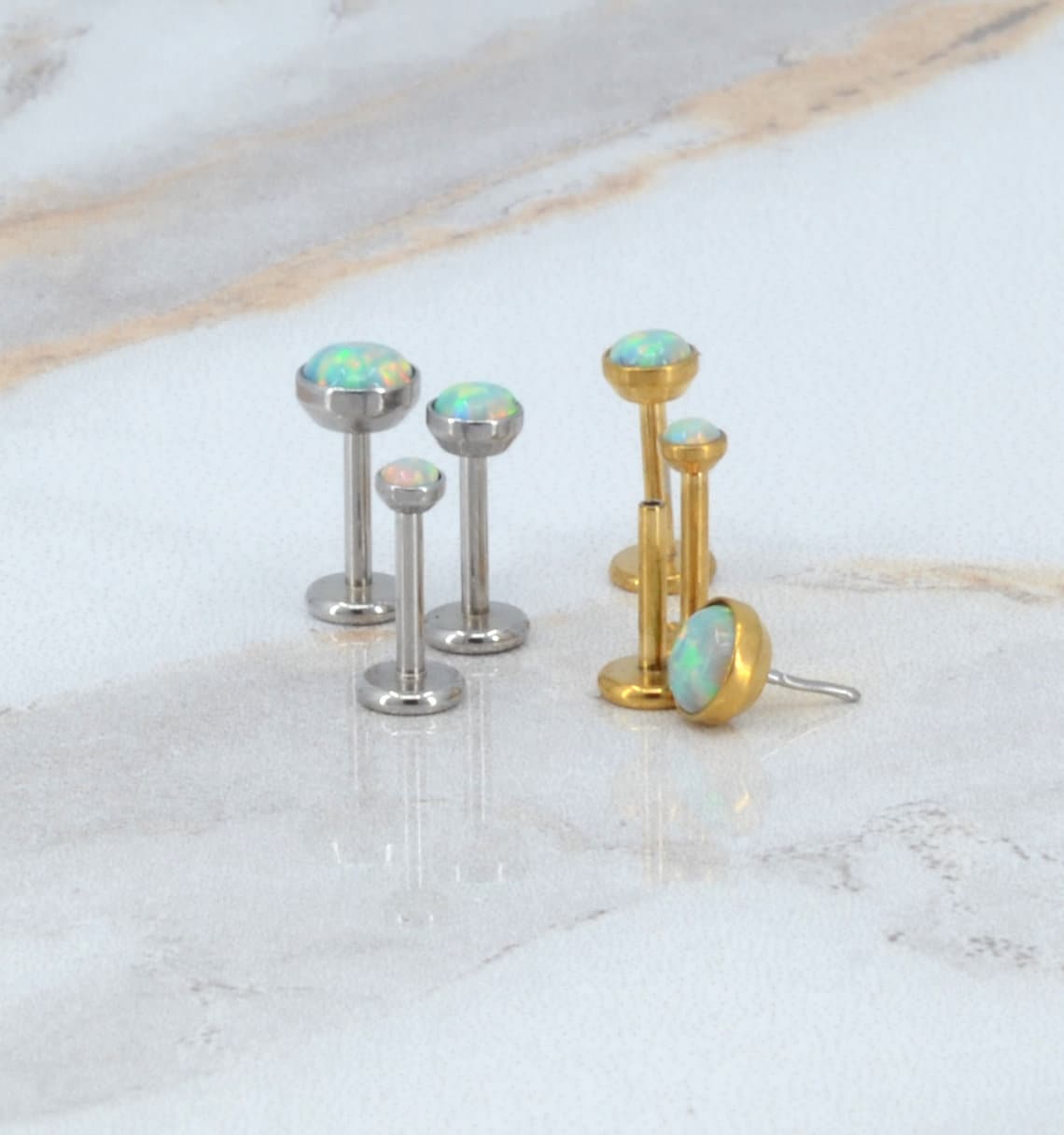 Flat Back Earrings Threadless Dainty Aqua Opal Gem 16G/18G/20G Push Pin Nose Ring Cartilage Piercing Gold Tone Labret Stud Helix 2-4mm