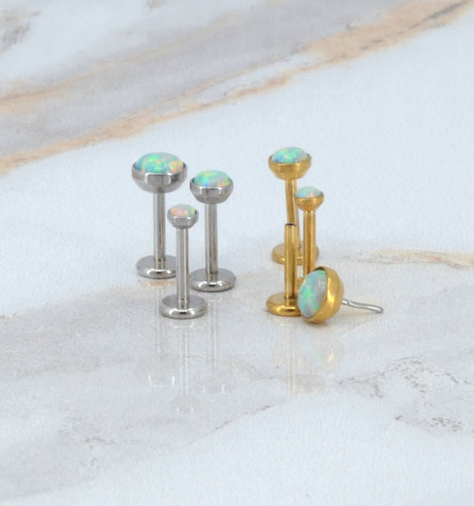 Flat Back Earrings Threadless Dainty Aqua Opal Gem 16G/18G/20G Push Pin Nose Ring Cartilage Piercing Gold Tone Labret Stud Helix 2-4mm