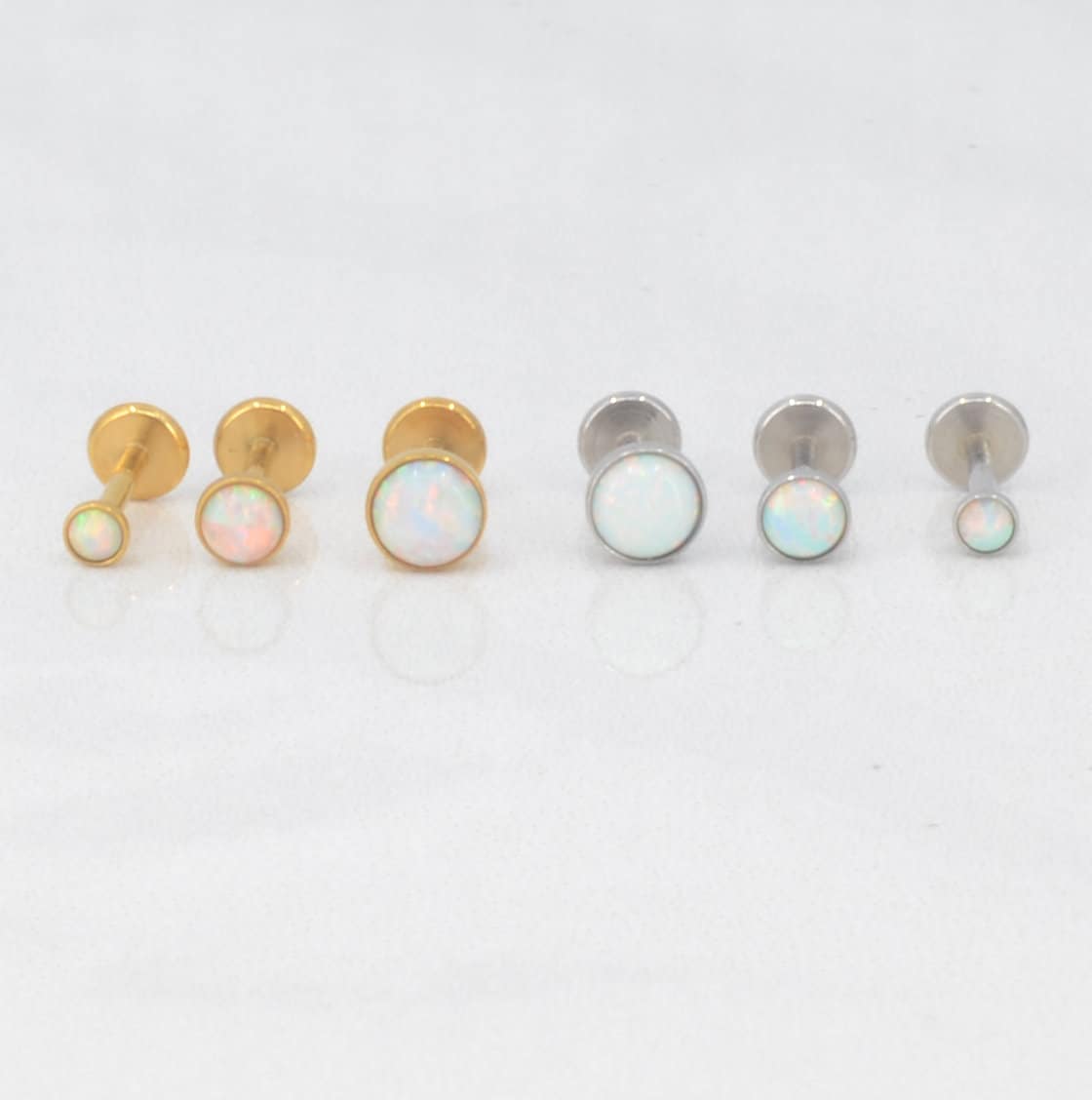 Flat Back Earrings Threadless 16G/18G/20G Push Pin Nose Ring Cartilage Gold Tone Labret Stud Triple Helix 2-4mm White Fire & Ice Opal