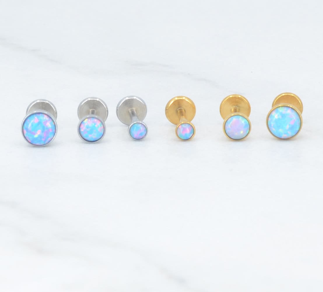 NEW 18G Threadless Flat Back Earrings Small Blue Opal Gem 16G/20G Push Pin Nose Ring Cartilage Piercing Gold Tone Labret Stud Helix 2-4mm