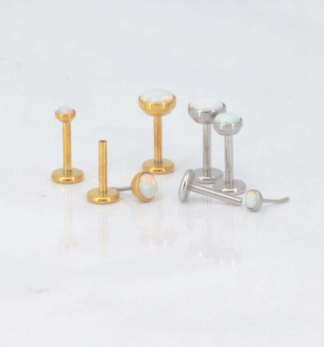 Flat Back Earrings Threadless 16G/18G/20G Push Pin Nose Ring Cartilage Gold Tone Labret Stud Triple Helix 2-4mm White Fire & Ice Opal
