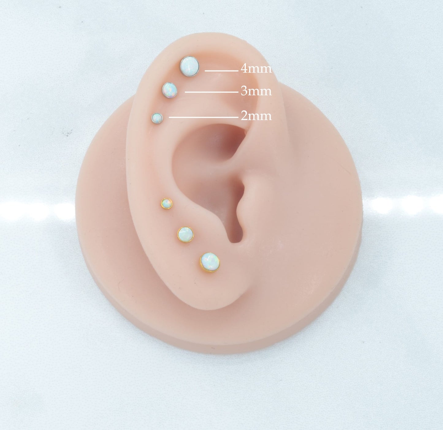 Flat Back Earrings Threadless 16G/18G/20G Push Pin Nose Ring Cartilage Gold Tone Labret Stud Triple Helix 2-4mm White Fire & Ice Opal