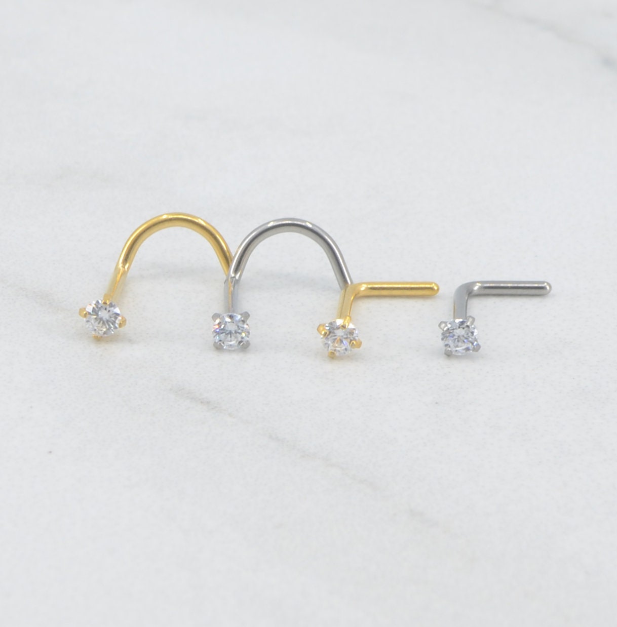 NEW-2mm/3mm L Shape Nose Rings -Implant Grade Titanium- Small Petite Stud Gold Tone 20G/18G -L Bend Nose Ring- Clear CZ Nose Screw