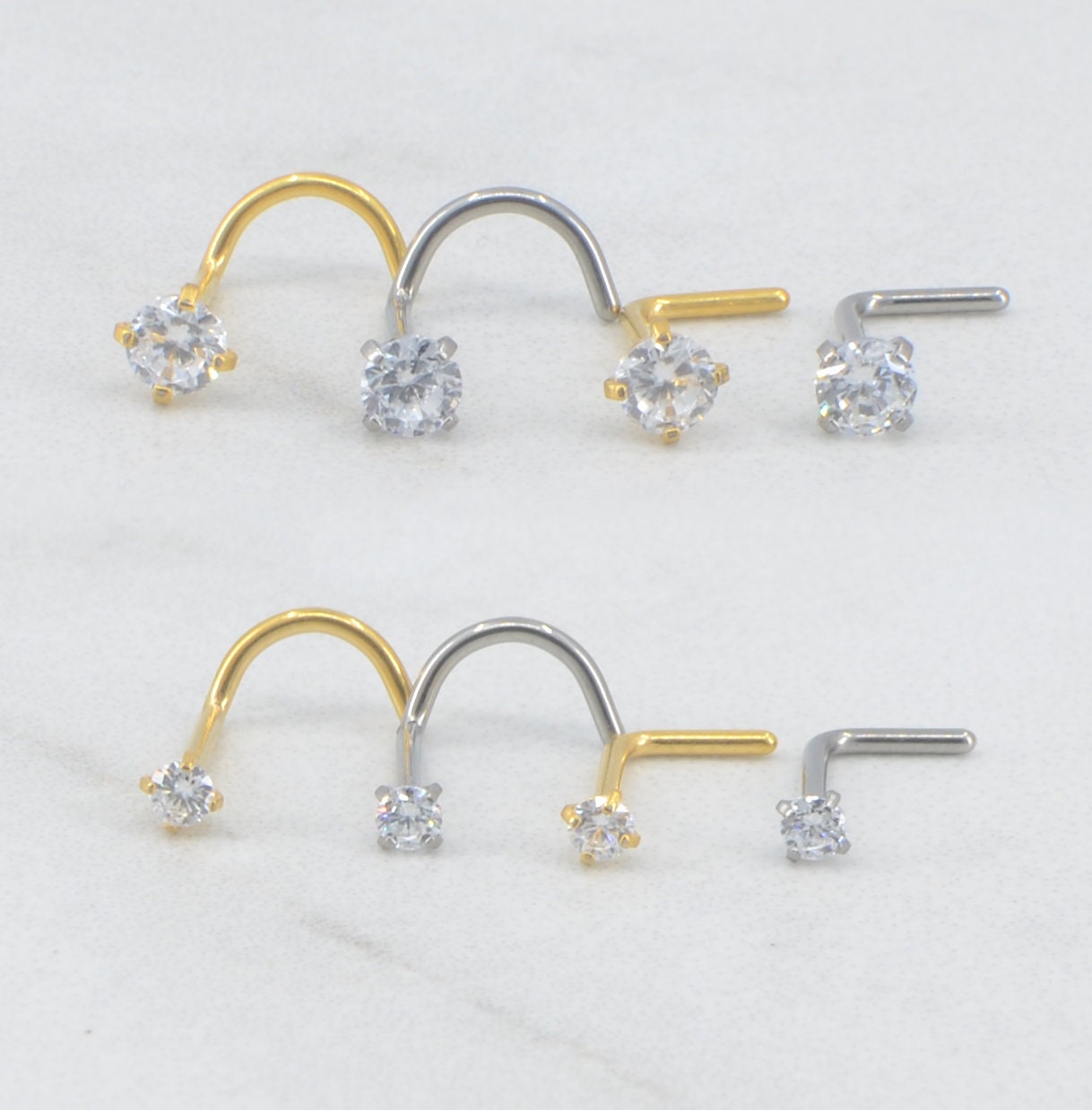 NEW-2mm/3mm L Shape Nose Rings -Implant Grade Titanium- Small Petite Stud Gold Tone 20G/18G -L Bend Nose Ring- Clear CZ Nose Screw