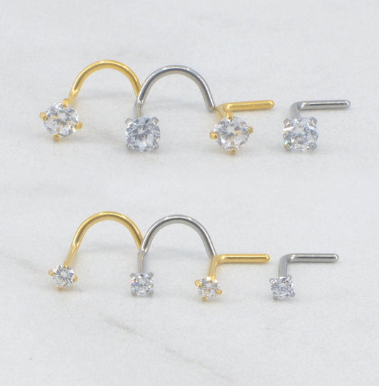 NEW-2mm/3mm L Shape Nose Rings -Implant Grade Titanium- Small Petite Stud Gold Tone 20G/18G -L Bend Nose Ring- Clear CZ Nose Screw