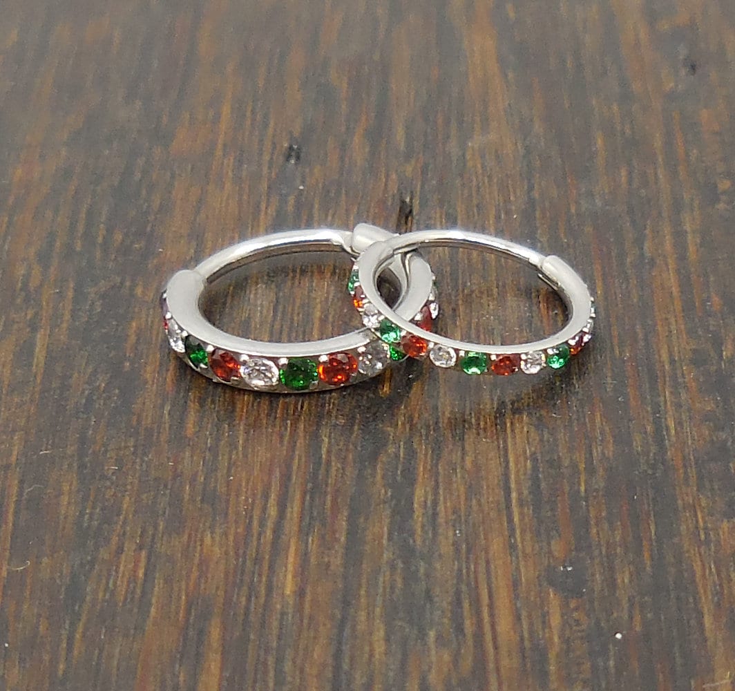 8mm 18G/20G Surgical Steel Hinged Clicker Nose Stud/Hinged Segment CZ Crystal Hoop Ring/Cartilage Helix/Nose Septum Ring /Christmas Colors