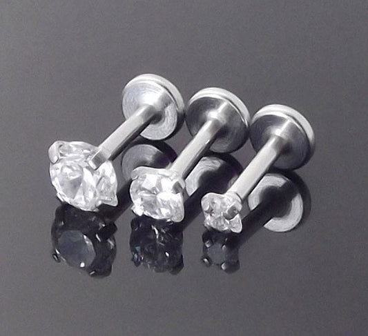 2mm 3mm 4mm Prong Set CZ 18G 1/4" Tragus Ear Triple Forward Helix Medusa Monroe Lip Piercing Stud Bar Earring Internally Threaded