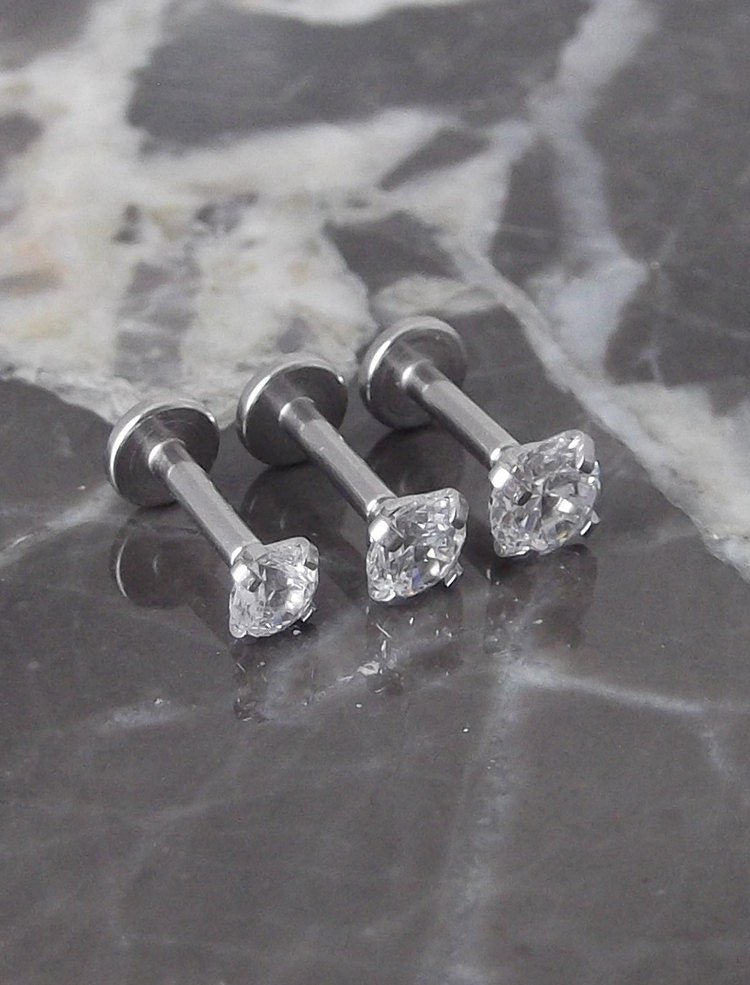 16g 3mm 3.5mm or 4mm Tragus 1/4" 6mm Cartilage  Clear  Prong Set Cubic Zirconia Triple Helix Piercing Bar Ear Internally Threaded Earrings