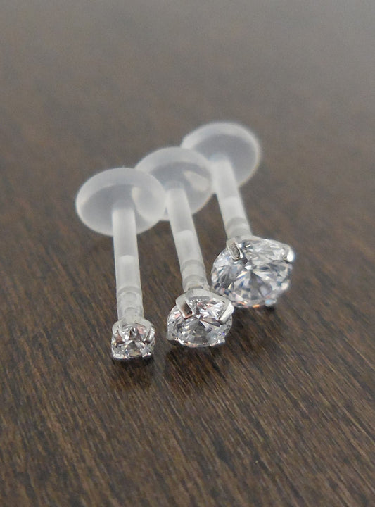 16G 6mm or 8mm Prong Set Clear CZ Triple Forward Helix BioFlex BioPlast Earring Cartilage Tragus Medusa Monroe Lip Rings