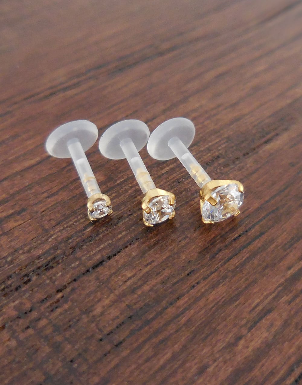 16G 6mm, 8mm or 10mm Gold Tone Titanium Prong Set Clear CZ Triple Forward Helix BioFlex BioPlast Earring Cartilage Tragus Comfortable Rings
