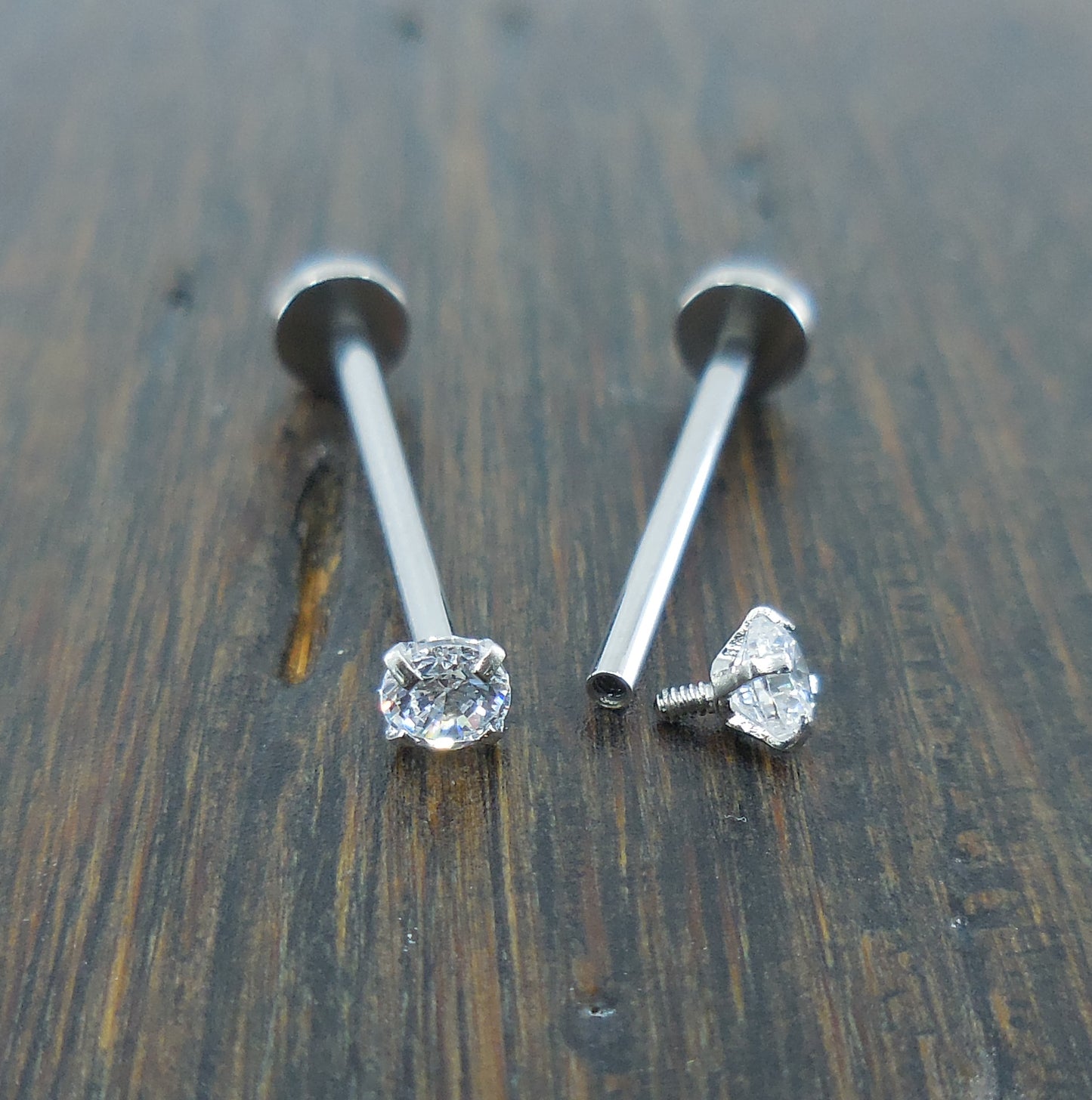 Pair Dimple Maker Cheek Piercings 3mm Clear Crystal CZ 16G 14mm, 16mm, 19mm Stainless Steel Internally Threaded Prong Set Labret Rings