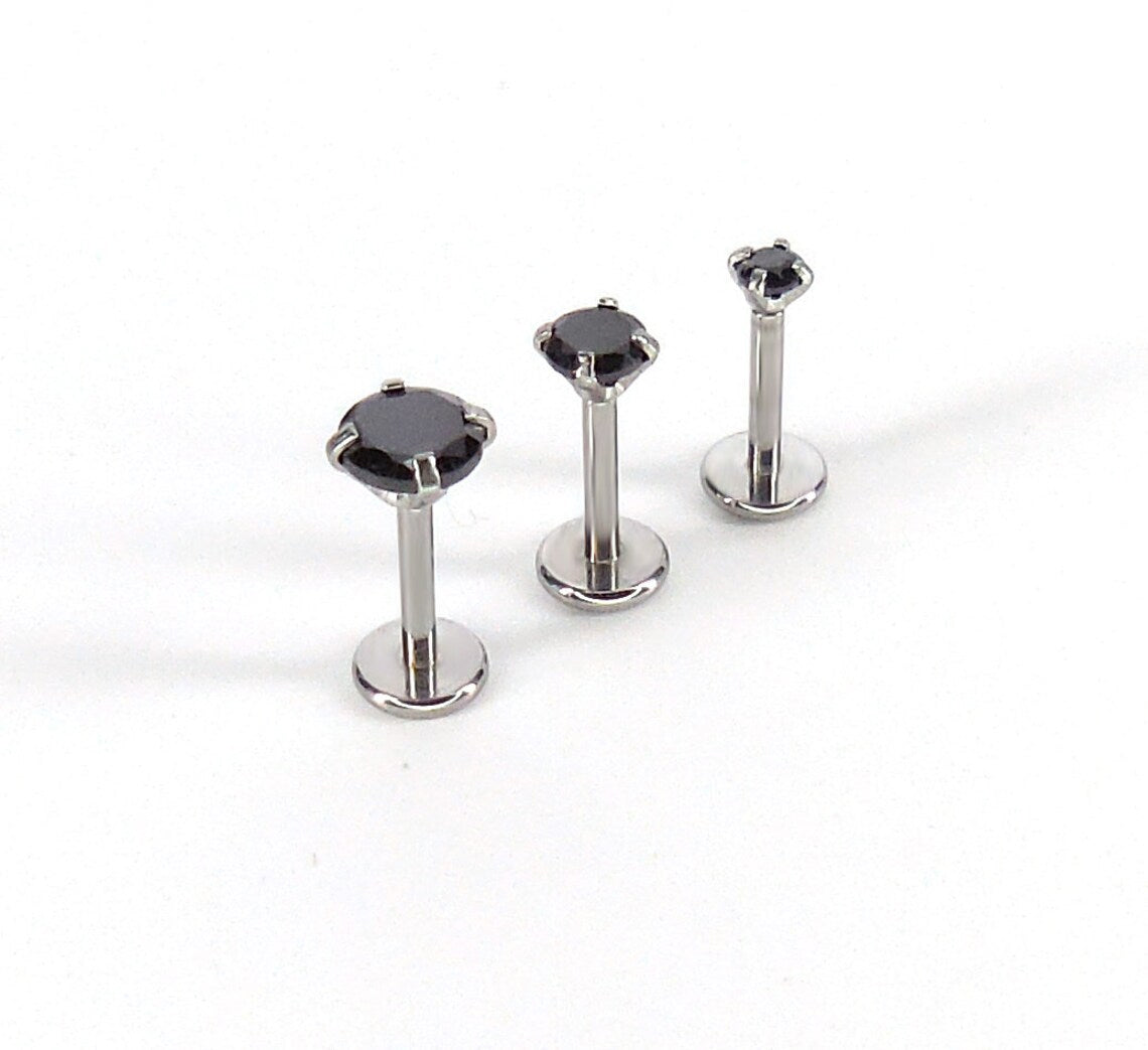 Black CZ Threadless Flat Back Earring: Tragus Piercing Stud - Surgical Steel Push Pin Stud - Tiny Tragus Earring - Cartilage Stud Earring