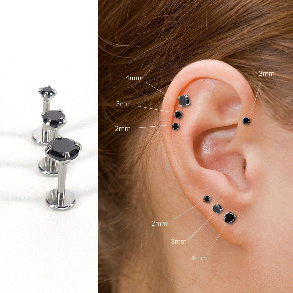 Black CZ Threadless Flat Back Earring: Tragus Piercing Stud - Surgical Steel Push Pin Stud - Tiny Tragus Earring - Cartilage Stud Earring