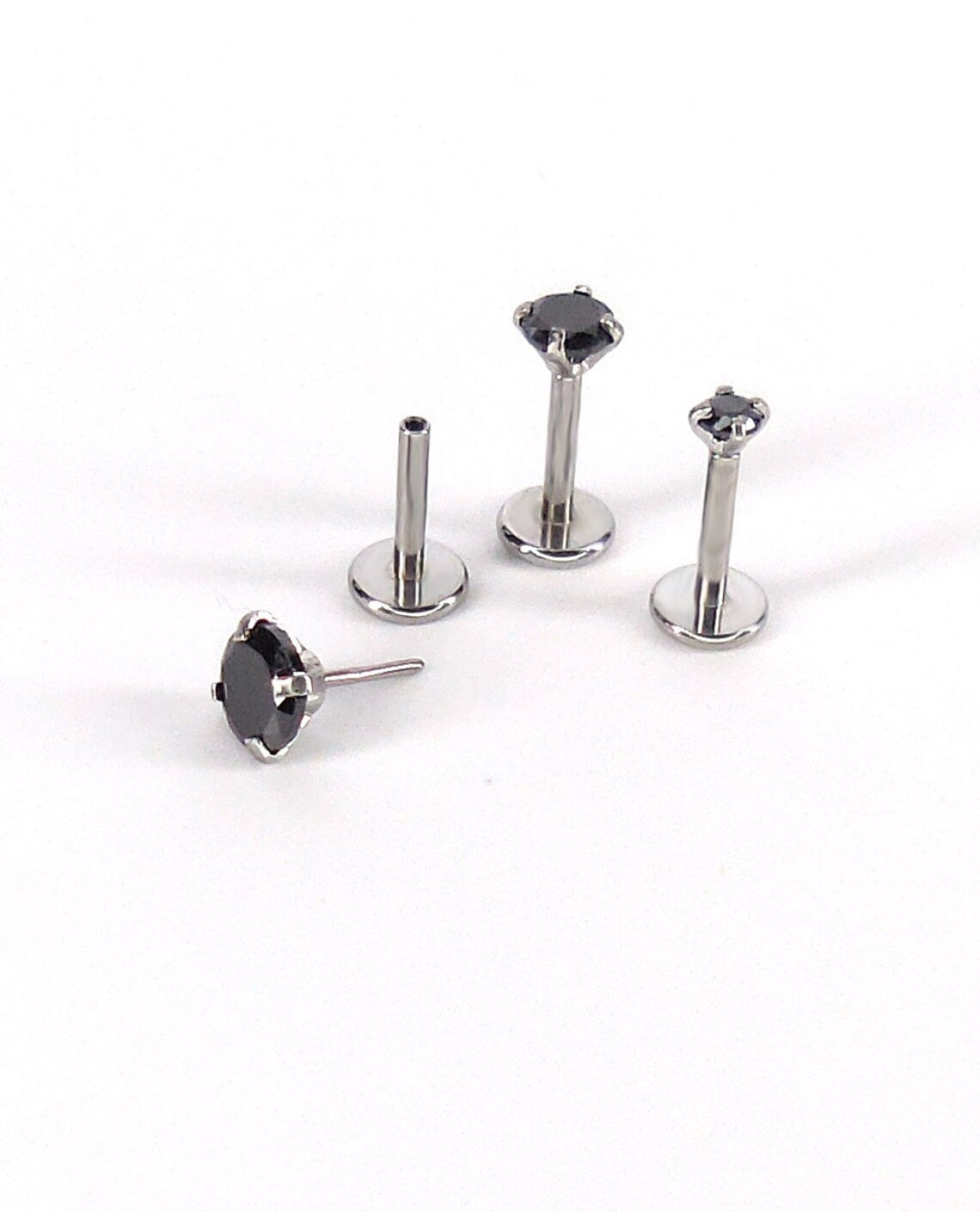 Black CZ Threadless Flat Back Earring: Tragus Piercing Stud - Surgical Steel Push Pin Stud - Tiny Tragus Earring - Cartilage Stud Earring