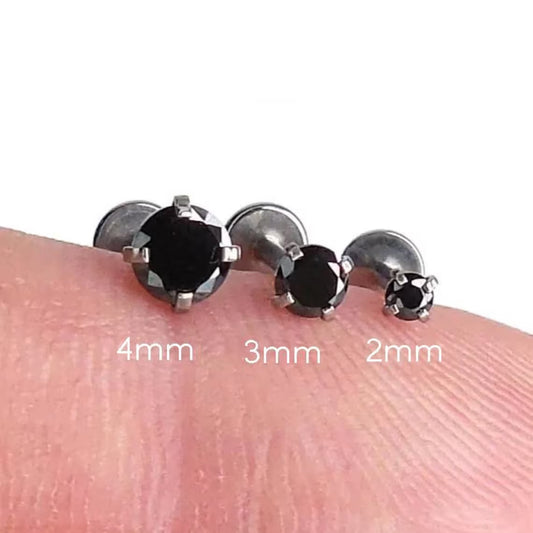 Black CZ Threadless Flat Back Earring: Tragus Piercing Stud - Surgical Steel Push Pin Stud - Tiny Tragus Earring - Cartilage Stud Earring