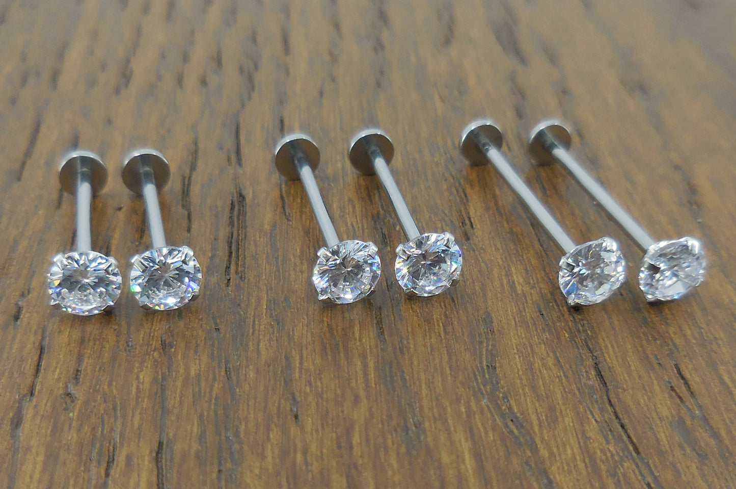Cheek Piercings Pair Dimple Maker Prong Set 5mm Clear Crystal CZ 16G 14mm, 16mm, 19mm Surgical Stainless Steel Internally Threaded Rings
