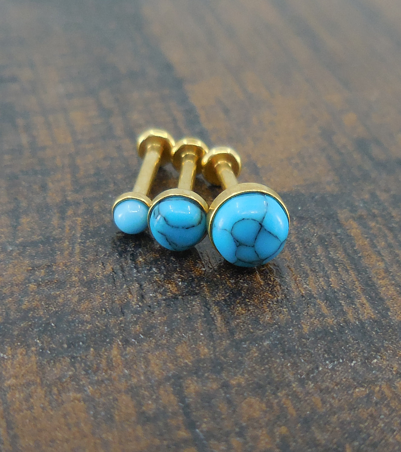 16G, 18G, 20G 2-4mm Gold Tone Natural Turquoise Stone Threadless 5-10mm Push Pin Triple Helix Nose Ring Lip Earrings Steel Cartilage