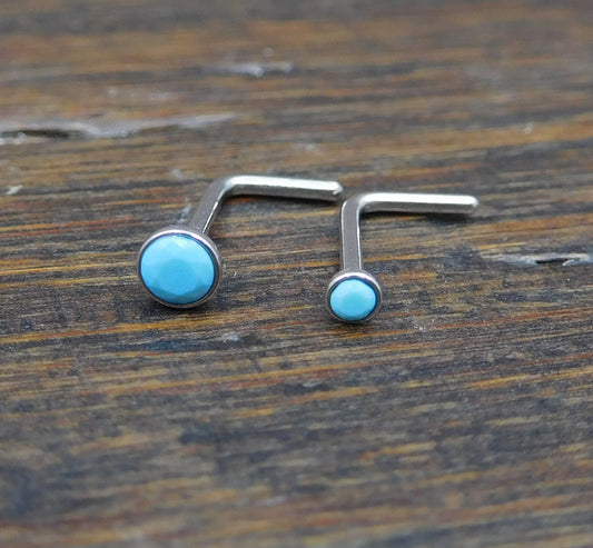Genuine Turquoise Stone Nose Stud Bones, 18G Surgical Stainless Steel L Shape Nose Ring, 20G Low Profile Turquoise Nose Ring