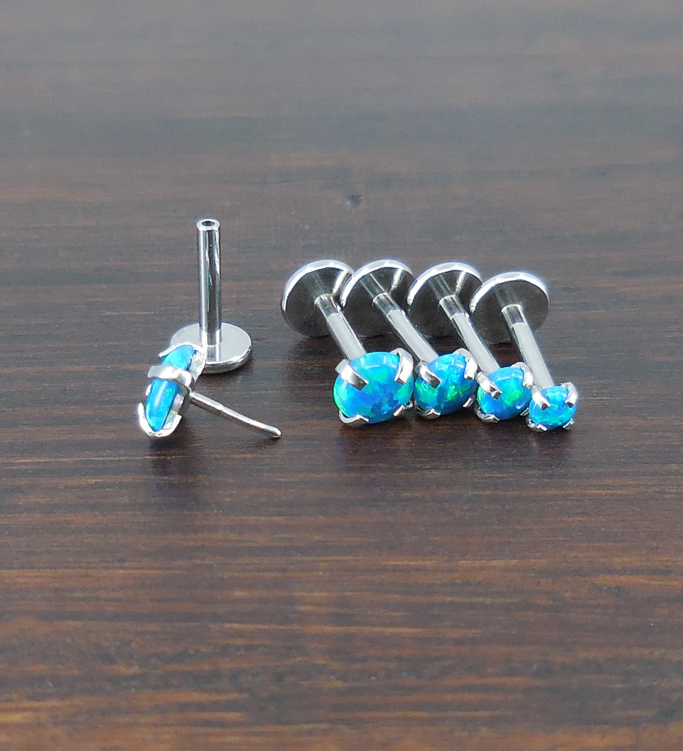 16G-18G-20G 2-4mm Aqua Ocean Aquamarine Blue Opal Stone Threadless 5-10mm Push Pin Triple Helix Nose Ring Earrings Prong Set Cartilage Rings