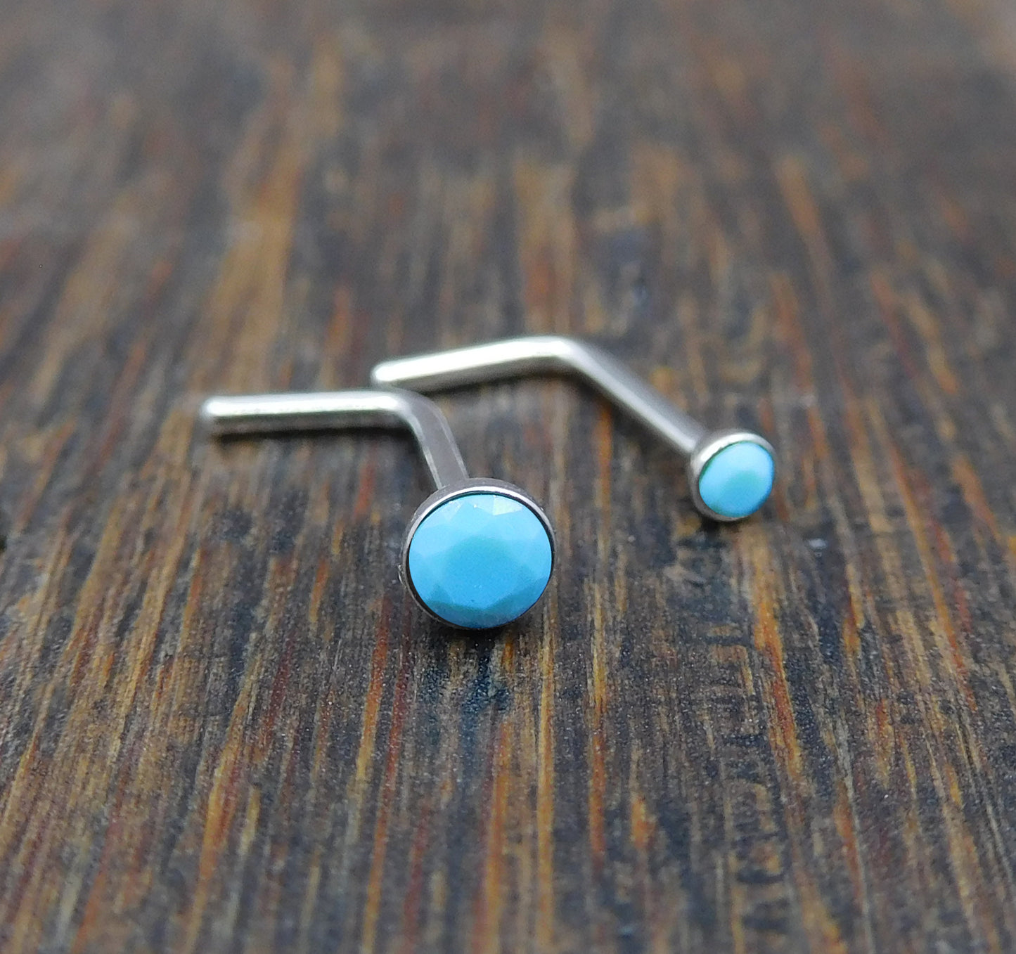 Genuine Turquoise Stone Nose Stud Bones, 18G Surgical Stainless Steel L Shape Nose Ring, 20G Low Profile Turquoise Nose Ring