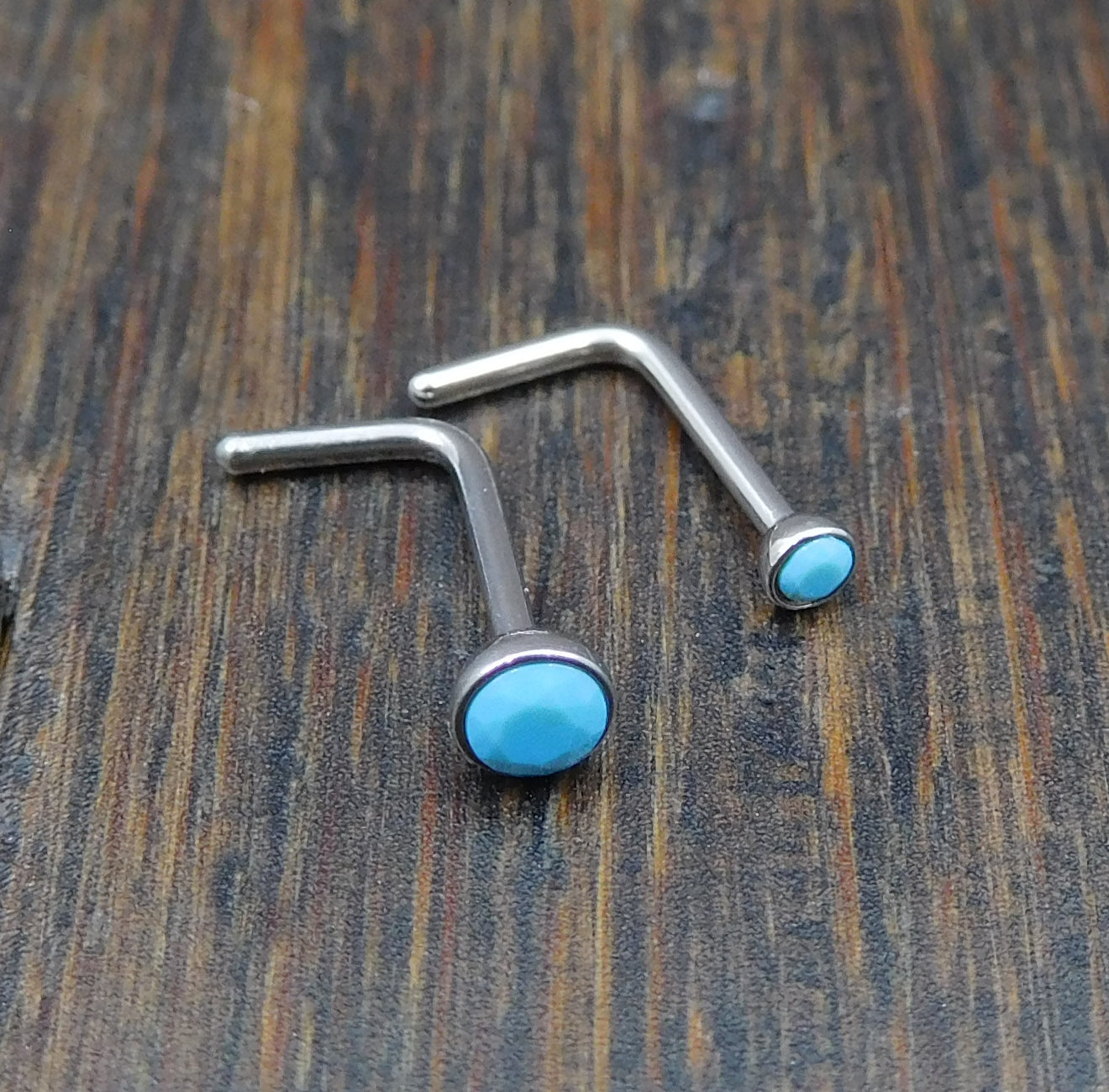 Genuine Turquoise Stone Nose Stud Bones, 18G Surgical Stainless Steel L Shape Nose Ring, 20G Low Profile Turquoise Nose Ring
