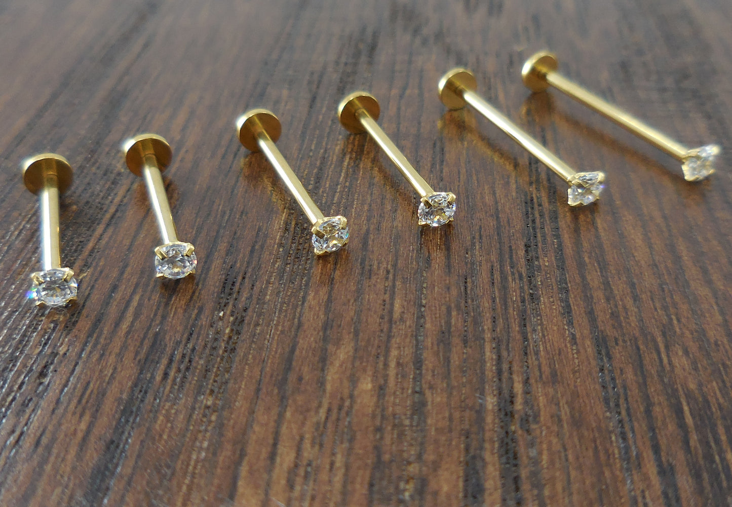 Cheek Piercings Pair Dimple Maker Prong Set 3mm Clear Crystal CZ 16G 14mm, 16mm, 19mm Gold Titanium Anodized Internally Threaded Rings