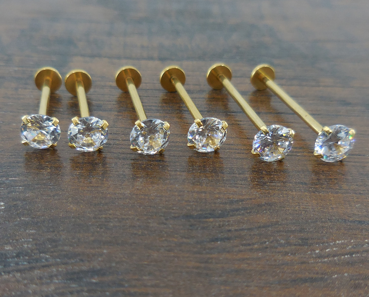 Cheek Piercings 5mm Clear Crystal CZ Pair Dimple Maker Prong Set 16G 14mm, 16mm, 19mm Internally Threaded Rings Gold Titanium Anodized