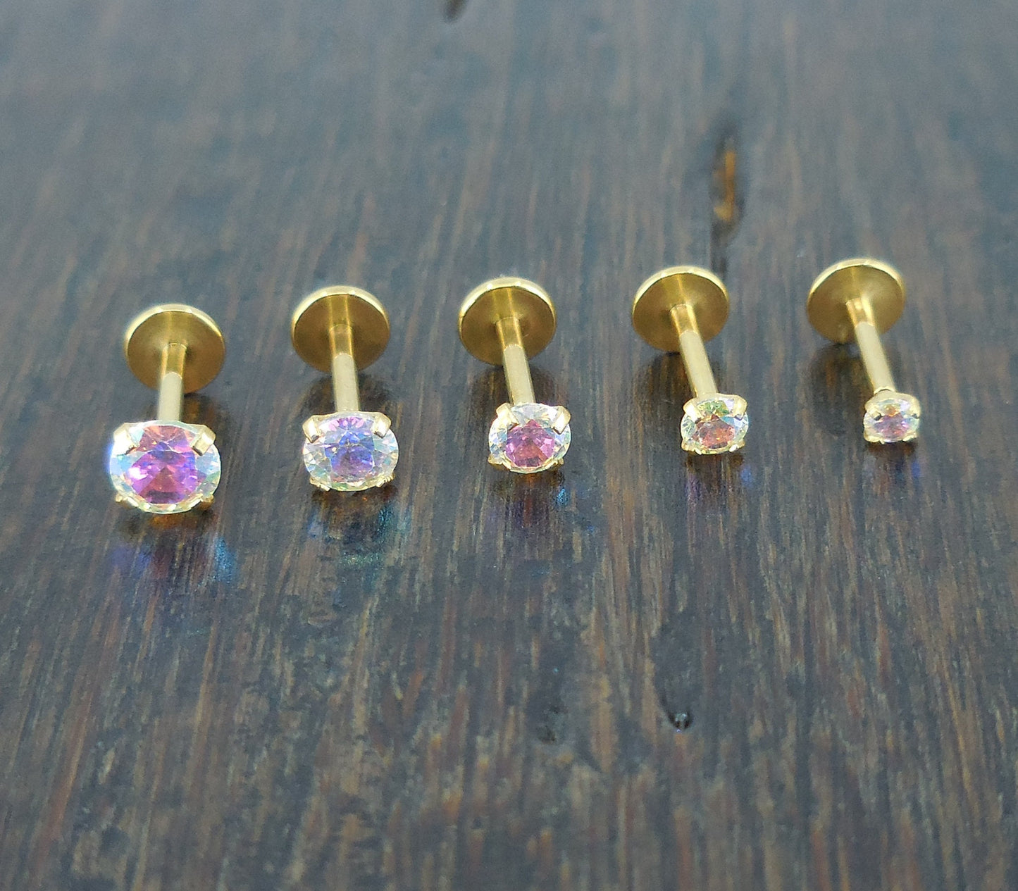 18G Threadless Implant Titanium ~ Nose Stud ~ AB Gold Tone Tragus ~ Flat Back Earrings Flatback Stud