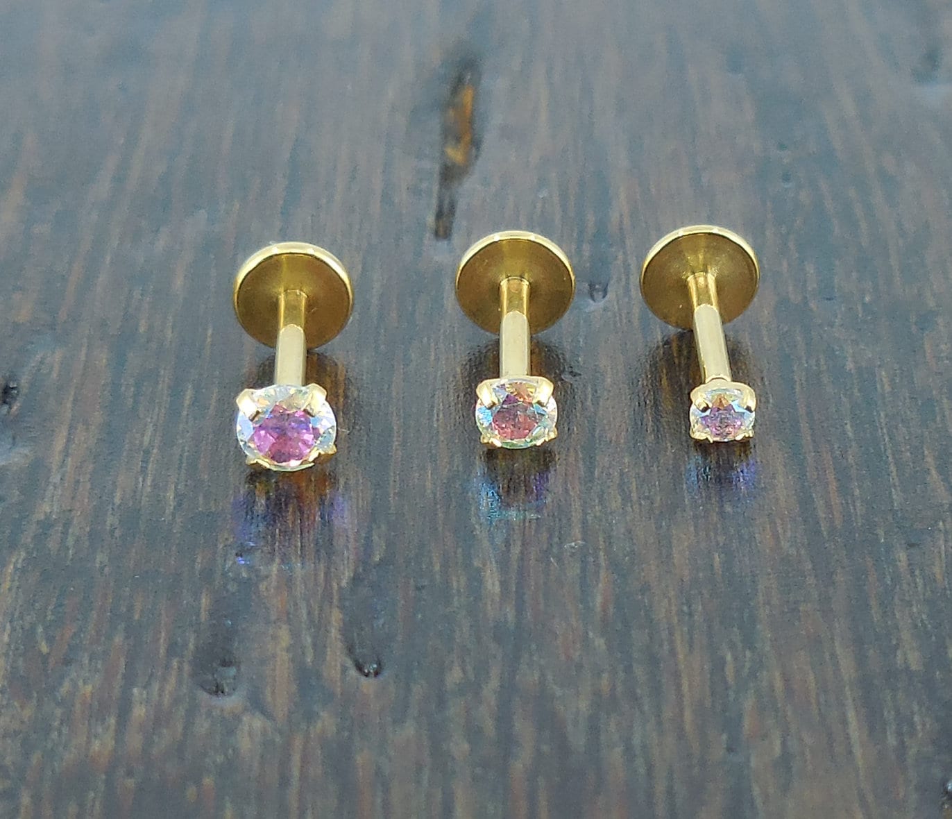18G Threadless Implant Titanium ~ Nose Stud ~ AB Gold Tone Tragus ~ Flat Back Earrings Flatback Stud