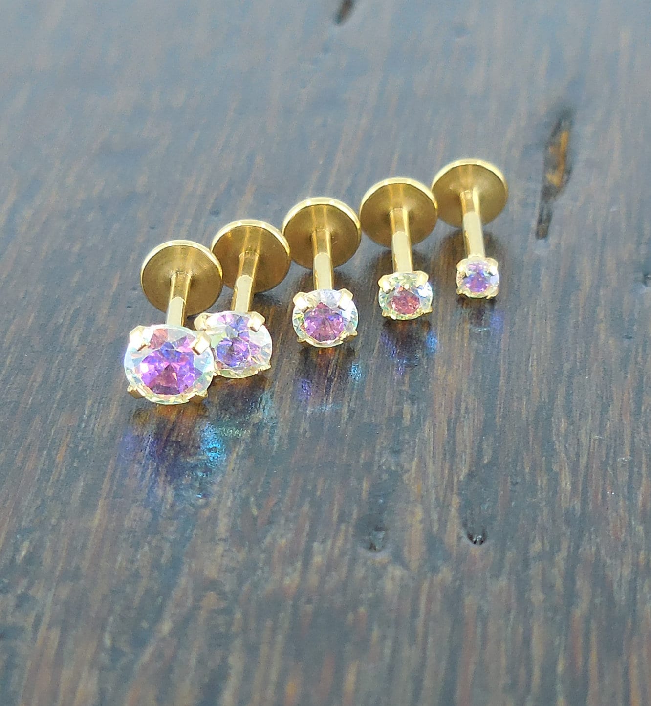 18G Threadless Implant Titanium ~ Nose Stud ~ AB Gold Tone Tragus ~ Flat Back Earrings Flatback Stud