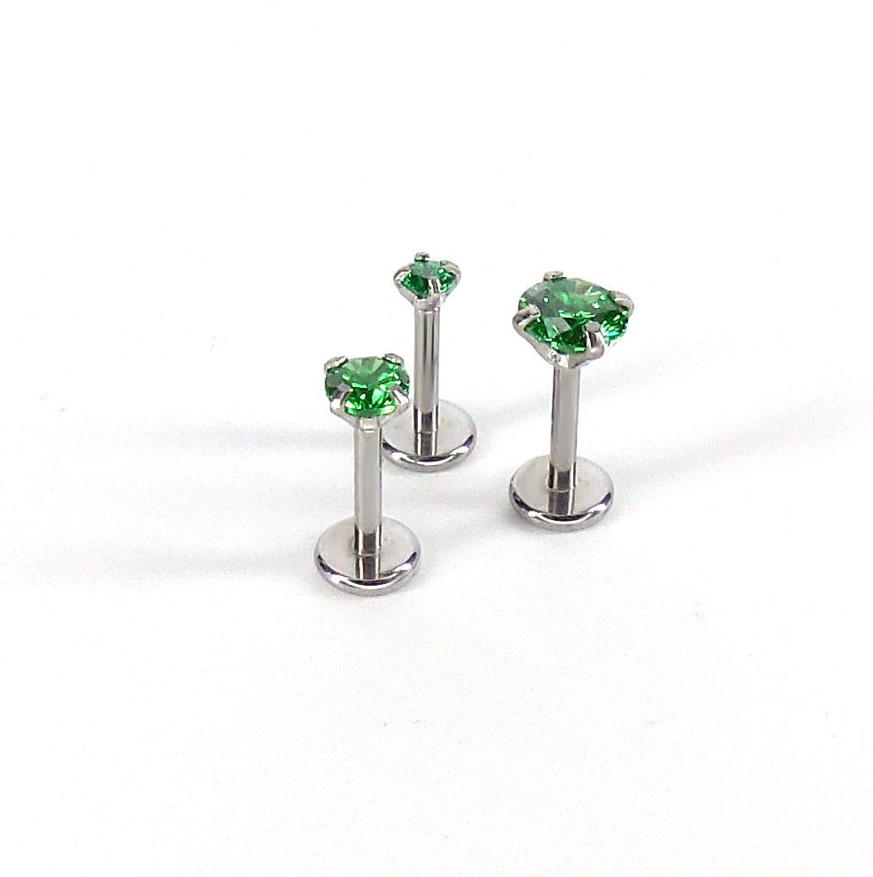 16G/18G/20G CZ Threadless Flat Back Earrings - Push Pin Nose Stud - Tiny Flatback Studs - Labret Stud - Green CZ Tragus Cartilage Stud