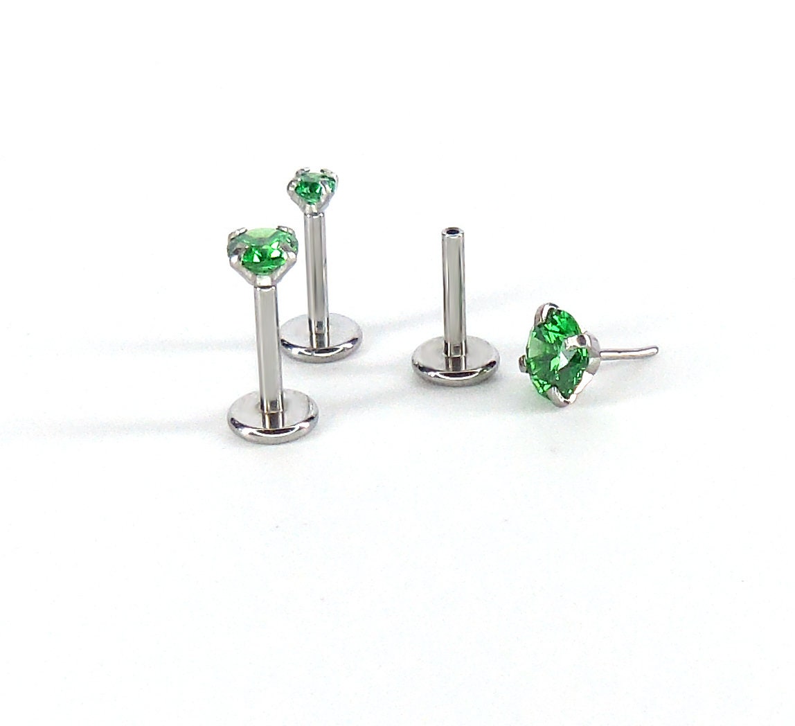16G/18G/20G CZ Threadless Flat Back Earrings - Push Pin Nose Stud - Tiny Flatback Studs - Labret Stud - Green CZ Tragus Cartilage Stud