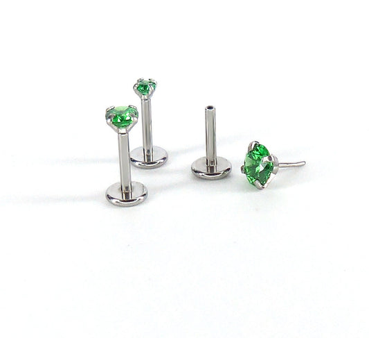 16G/18G/20G CZ Threadless Flat Back Earrings - Push Pin Nose Stud - Tiny Flatback Studs - Labret Stud - Green CZ Tragus Cartilage Stud