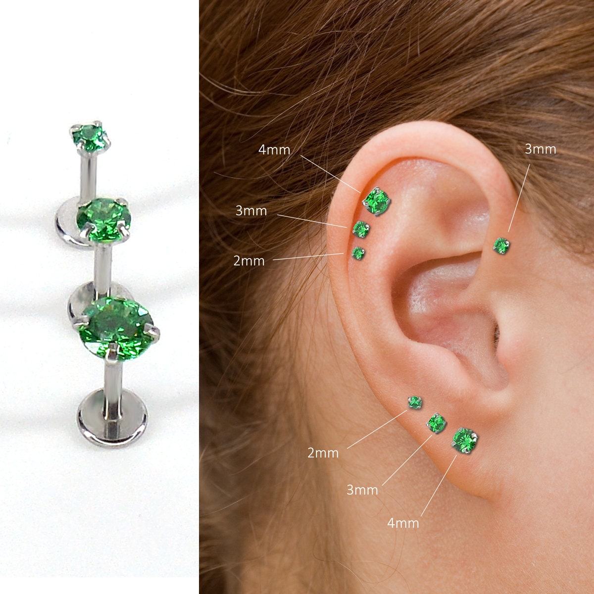 16G/18G/20G CZ Threadless Flat Back Earrings - Push Pin Nose Stud - Tiny Flatback Studs - Labret Stud - Green CZ Tragus Cartilage Stud