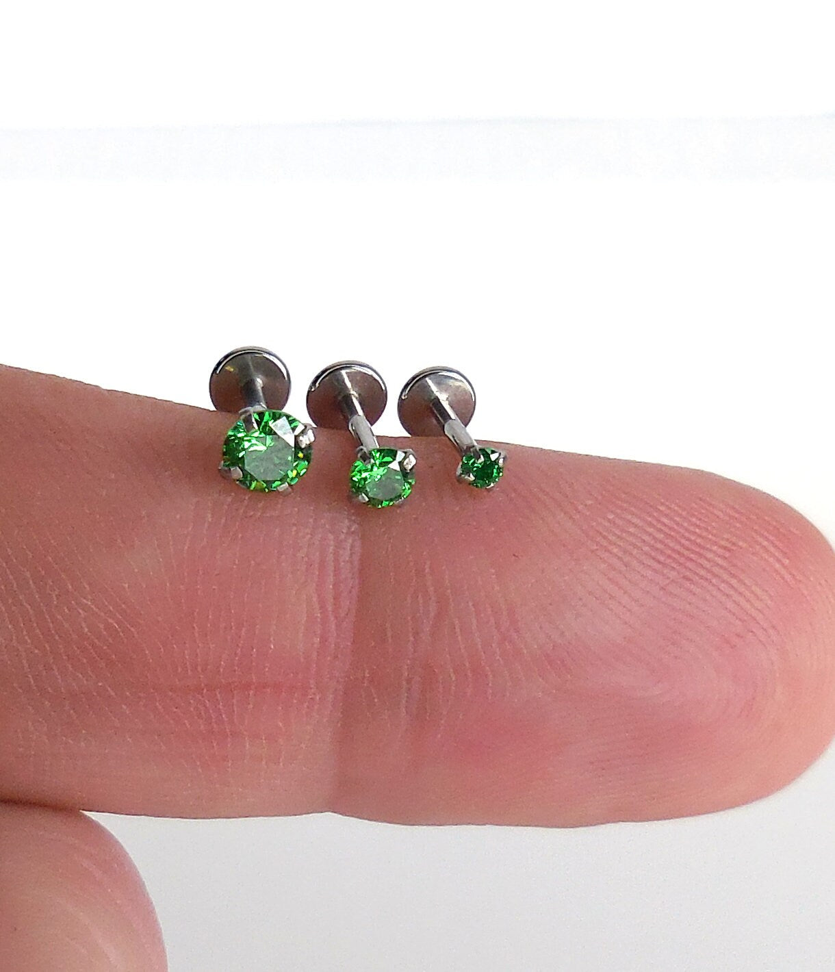 16G/18G/20G CZ Threadless Flat Back Earrings - Push Pin Nose Stud - Tiny Flatback Studs - Labret Stud - Green CZ Tragus Cartilage Stud