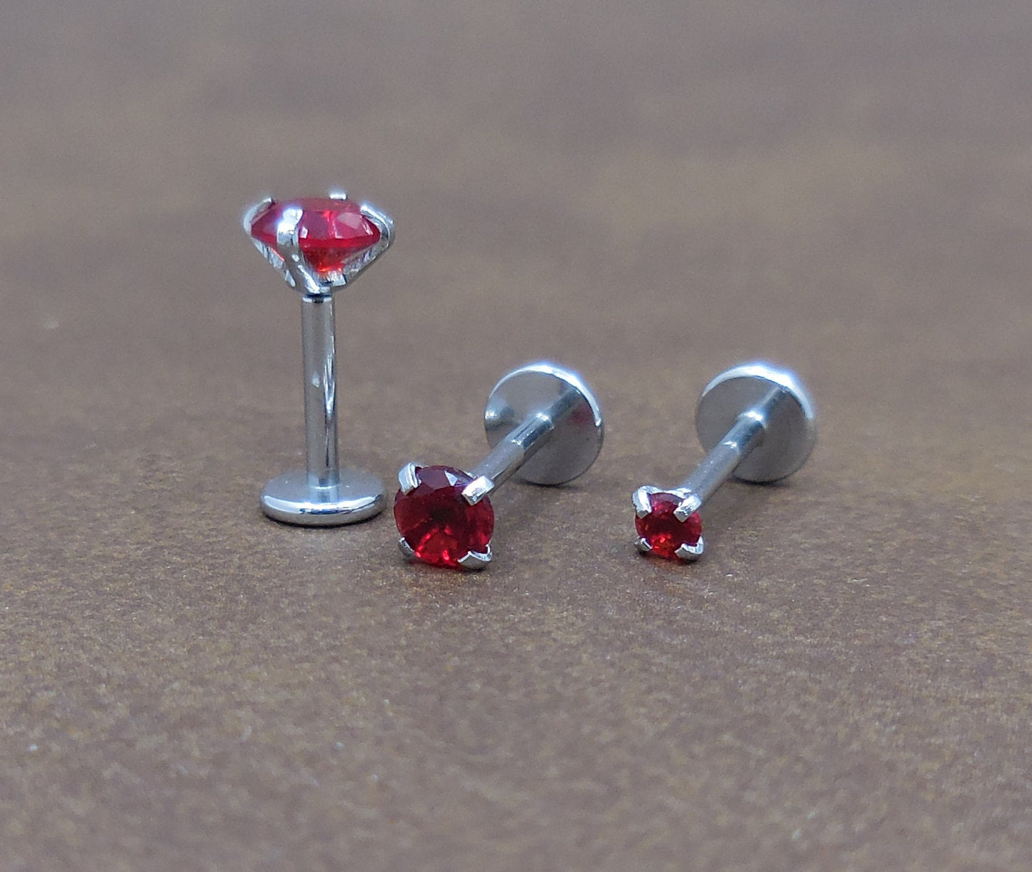 16G/18G/20G NEW Red CZ Threadless Flat Back Earrings - Push Pin Nose Stud - Flatback Studs - Labret Stud - Tragus Cartilage Stud Jewelry
