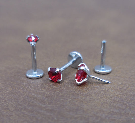 16G/18G/20G NEW Red CZ Threadless Flat Back Earrings - Push Pin Nose Stud - Flatback Studs - Labret Stud - Tragus Cartilage Stud Jewelry