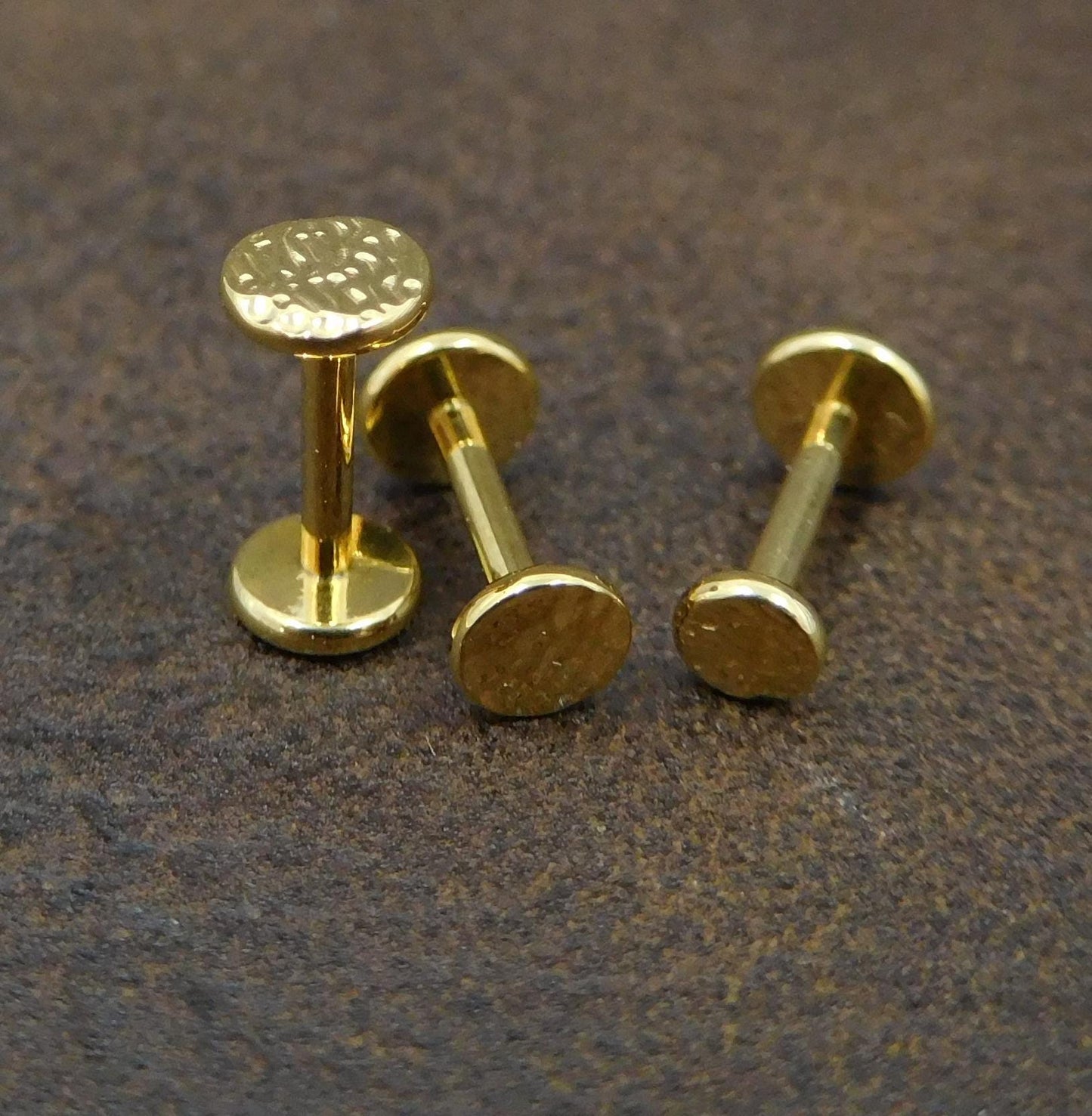 Small Flat Disc Hammered Circle Stud Earrings, Threadless Push Pin Style Gold Tone Nose Ring, 16G, 18G, 20G Unique Rustic Look Earrings