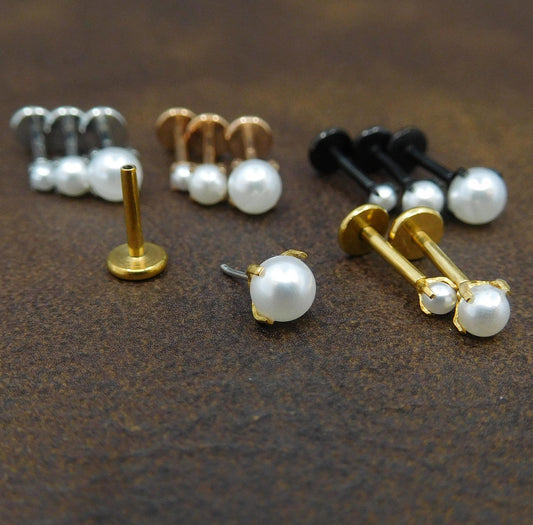 Petite Prong Pearl Threadless Stud Earrings, Push Pin Style Gold Tone Nose Ring, 16G, 18G, 20G Black-Silver Stud Earrings, Cartilage Rings