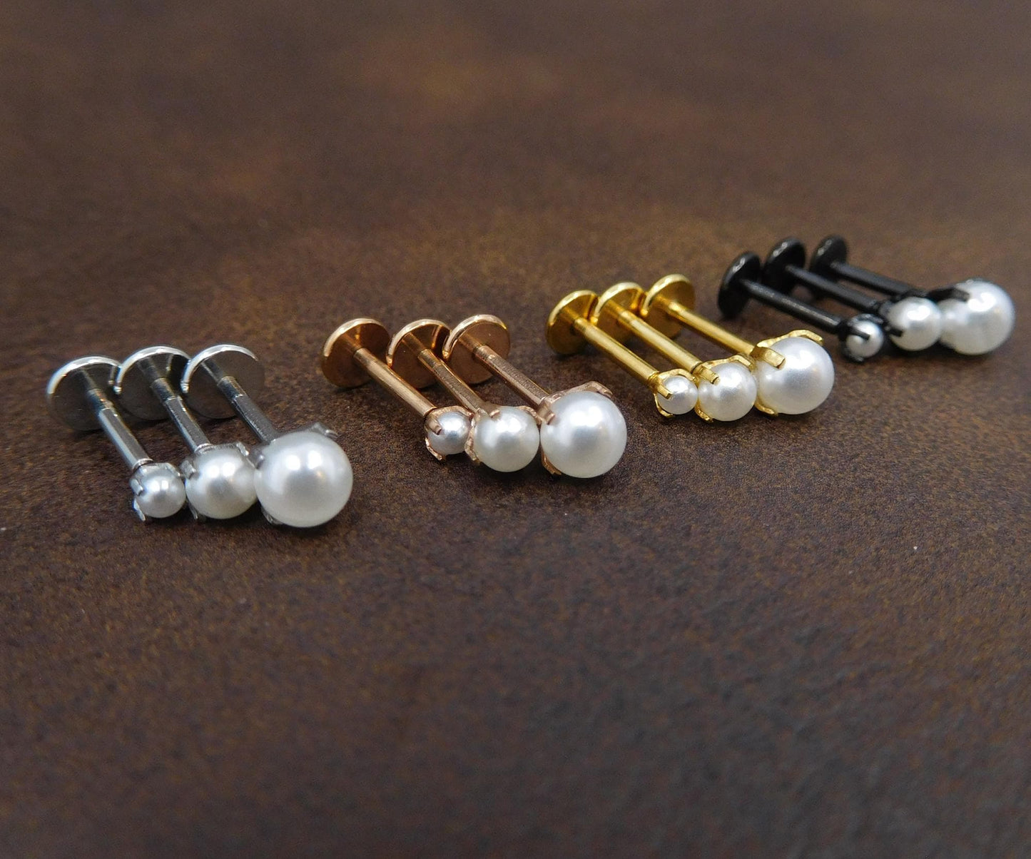 Petite Prong Pearl Threadless Stud Earrings, Push Pin Style Gold Tone Nose Ring, 16G, 18G, 20G Black-Silver Stud Earrings, Cartilage Rings