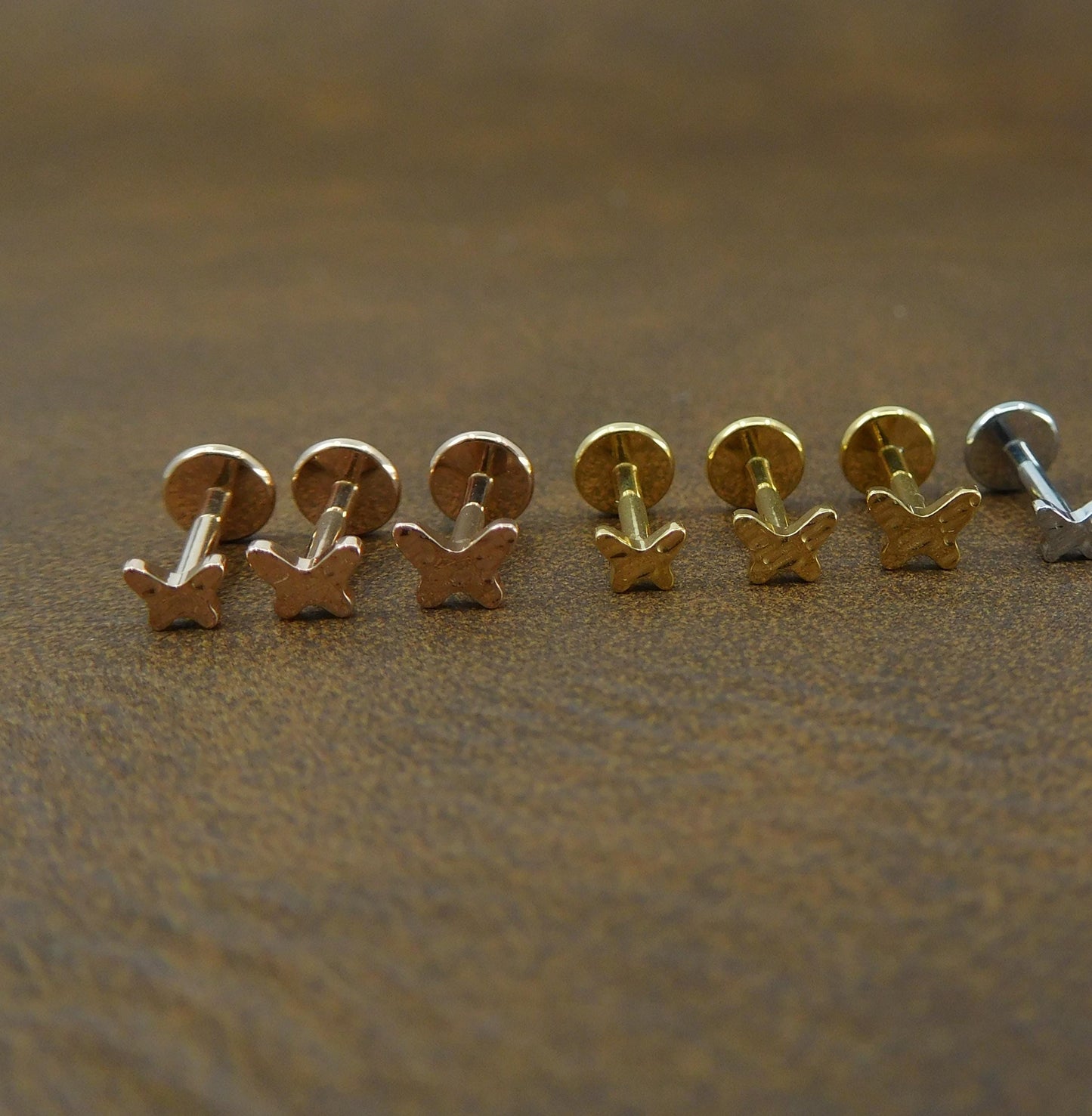 Rustic Butterfly Stud Earrings, Threadless Push Pin Gold Tone Stainless Nose Ring, Hammered Butterfly Cartilage Earrings, 16G, 18G, 20G