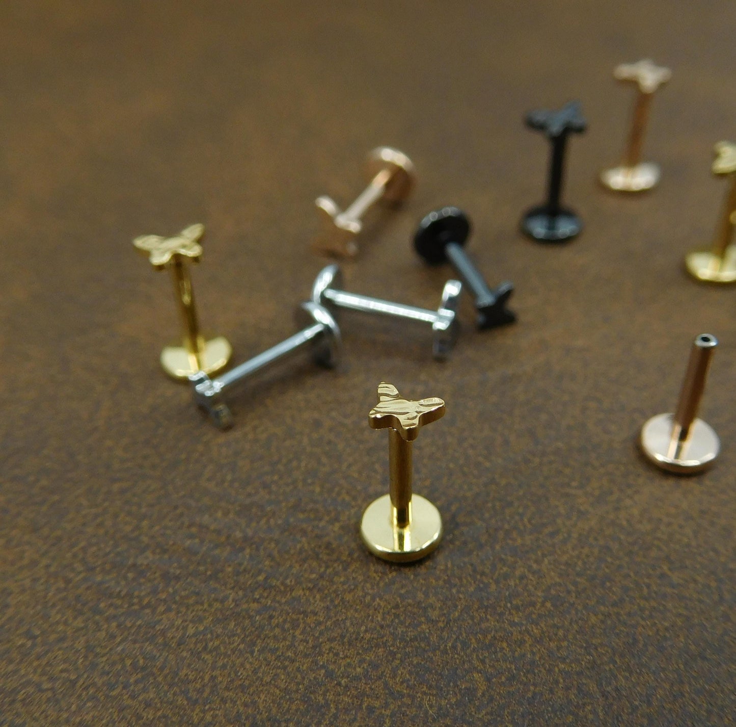 Petite 3-4mm Hammered Butterfly Stud Earrings, Threadless Push Pin Style Gold Tone Nose Ring, Unique Rustic Look Earrings, 16G, 18G, 20G